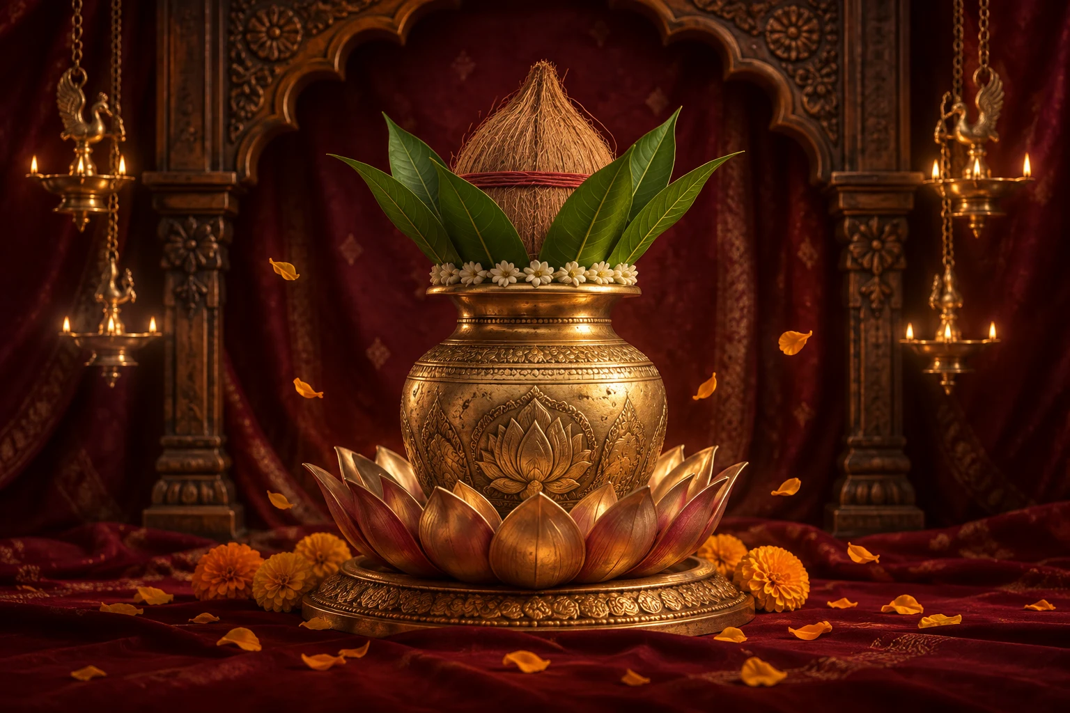 Illustrative cinematic brass kalash with mango leaves, lotus and marigolds